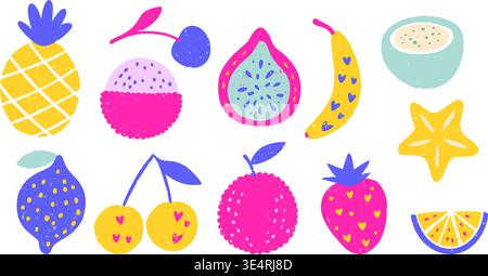 Tropical Fruit Vector Set Pineapple Banana Cherry Lemon Dragon Fruit Strawberry Handdrawn Textured Exotic Summer Fruit Collection Stock Vector