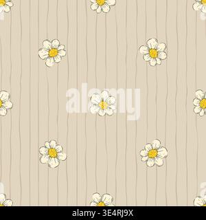 Whimsical Tiny Daisy Flower Seamless Pattern With Stripes Floral Spring Summer Vector Background Stock Vector