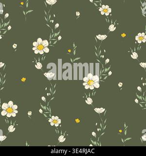 Whimsical Meadow Flower Branches Seamless Pattern With Wildflower Botanical Floral Vector Background Stock Vector