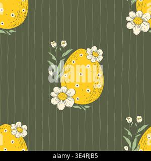 Easter Eggs Whimsical Vintage Seamless Pattern With Flowers Floral Ornament Handdrawn Spring Holiday Vector Background Stock Vector