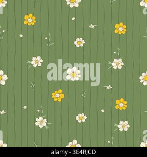 Whimsical Tiny Daisy Flower Seamless Pattern With Stripes Floral Spring Summer Vector Background Stock Vector