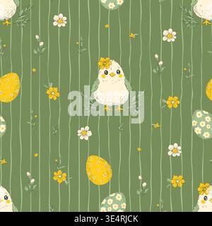 Easter Birds Seamless Pattern Eggs Flowers Stripes Whimsical Handdrawn Bird Spring Vector Background Stock Vector