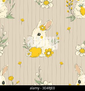 Easter Bunny Whimsical Seamless Pattern Eggs Flowers Whimsical Handdrawn Spring Holiday Vector Background Stock Vector