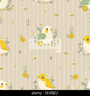 Birds Seamless Pattern With Flowers And Stripes Whimsical Handdrawn Spring Folk Bird Vector Background Stock Vector
