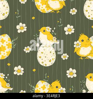 Easter Birds Seamless Pattern Eggs Flowers Stripes Whimsical Handdrawn Bird Spring Vector Background Stock Vector