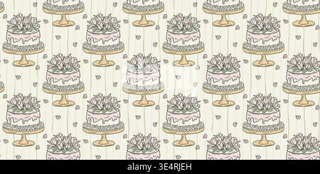 Birthday Greeting Cake Seamless Vector Pattern Floral Tulips, Striped Cottagecore Spring Design Background Stock Vector