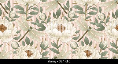 Vintage Peony And Dragonfly Seamless Floral Pattern Vector For Botanical Nature Design Background Stock Vector