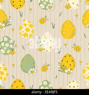 Easter Eggs Whimsical Vintage Seamless Pattern With Flowers Floral Ornament Handdrawn Spring Holiday Vector Background Stock Vector