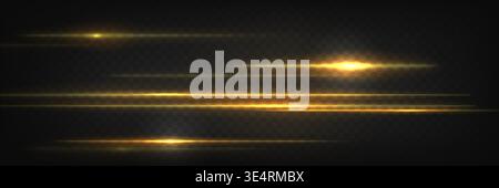 Bright golden laser beam streaks isolated on dark background. Glowing neon light effect, dynamic horizontal trail and abstract digital energy flare. Speed streak of energy, overlay set Stock Vector