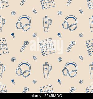 Hand drawn school doodle seamless pattern with notebook and headphones Stock Vector