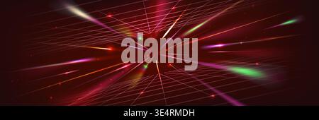 Neon light wireframe tunnel with laser beams flare and perspective, abstract vector background. Digital blue rays with speed effect in cyber space with glowing light trails Stock Vector