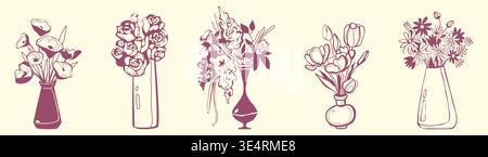 Hand drawn flower bouquet in vases, floral sketches isolated on background. Cartoon doodle set of vases with spring plants. Minimalist illustrations, vintage design elements Stock Vector