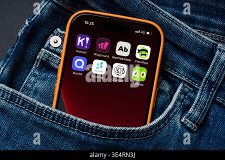 Antalya, Turkey - March 24, 2026: Multiple education apps on smartphone inside denim pocket concept Stock Photo