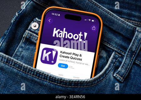 Antalya, Turkey - March 24, 2026: Kahoot app interface on smartphone inside denim pocket concept Stock Photo