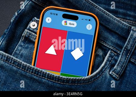 Antalya, Turkey - March 24, 2026: Kahoot quiz interface on smartphone in denim pocket concept Stock Photo