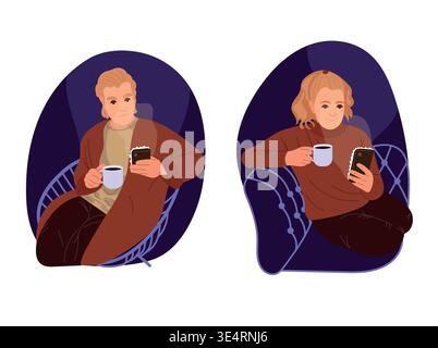 A man and woman sit in a chair in the evening, drinking coffee and using a smartphone. Concept of a cozy home lifestyle and relaxing relaxation. Stock Vector