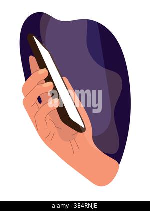 Hands holding smartphone close-up at night, scrolling feed on mobile device, social media and digital communication concept, modern flat vector Stock Vector