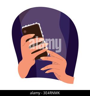 Hands holding smartphone close-up at night, scrolling feed on mobile device, social media and digital communication concept, modern flat vector Stock Vector