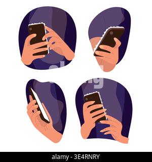 Hands holding smartphone close-up at night, scrolling feed on mobile device, social media and digital communication concept, modern flat vector Stock Vector