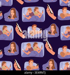 Seamless pattern with people using smartphones in bed at night, insomnia and digital addiction concept, modern flat vector illustration Stock Vector
