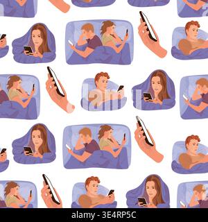 Seamless pattern with people using smartphones in bed at night, insomnia and digital addiction concept, modern flat vector illustration Stock Vector