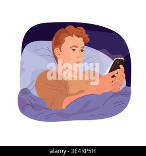 Man lying in bed using smartphone at night, insomnia and digital addiction concept, cozy bedroom scene, modern flat vector illustration Stock Vector