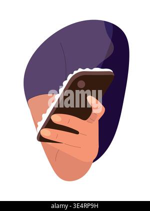 Hands holding smartphone close-up at night, scrolling feed on mobile device, social media and digital communication concept, modern flat vector Stock Vector
