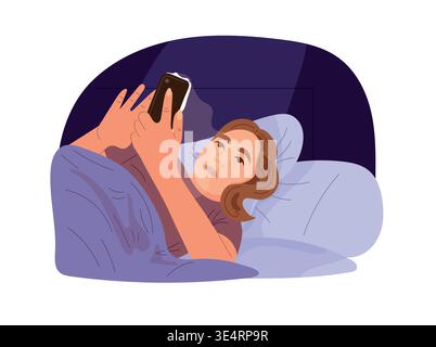 Woman lying in bed using smartphone at night, insomnia and screen addiction concept, cozy bedroom scene, modern flat vector illustration Stock Vector