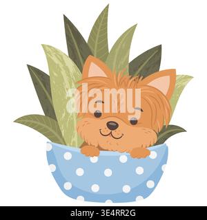 Cute yorkshire terrier dog hiding in the flower pot Stock Vector