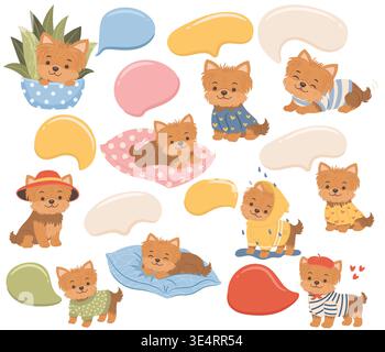 Cute yorkshire terrier puppy sticker set with coloured speech bubbles with empty space for text Stock Vector
