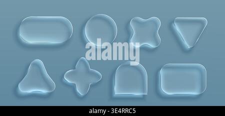 Transparent glass frames with glossy morphism effect, vector set isolated on background. 3D ui elements with realistic texture, rounded corners, crystal clear borders for modern digital interface Stock Vector