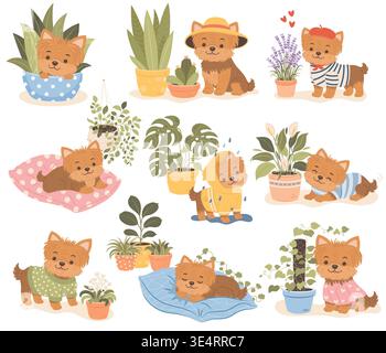 Cute cartoon yorkshire terrier puppy character in cozy home scenes Stock Vector