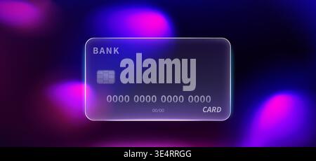 Glass credit card on glowing neon gradient background, abstract vector banner. Futuristic bank payment design with transparent texture, chip and card number Stock Vector