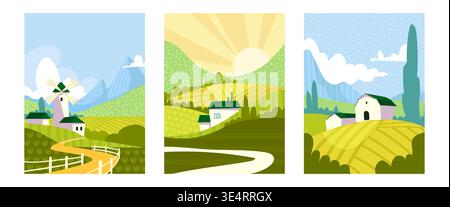 Spring mountain countryside landscapes, abstract vector posters. Rolling green hills or fields, windmill and barn under blue sky. Summer cards design with trees, sunrise and geometric pattern Stock Vector