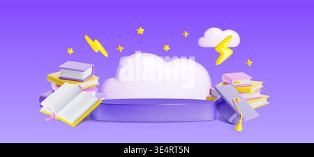 3D back to school podium with stack of books, graduation cap, cloud and stars, vector background. Cute glossy plastic style platform for educational product display, student ceremony Stock Vector