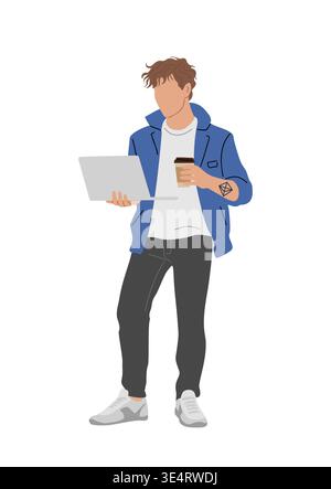 Young man holds laptop and coffee cup Stock Vector