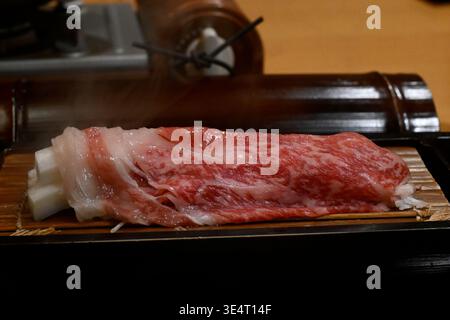 Sliced delicious japanese fresh raw Wagyu beef on a plate,Japan. Stock Photo