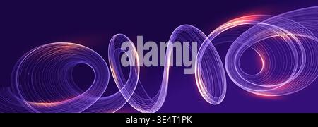 Abstract glowing light wave spiral background. Neon twist lines stream, futuristic energy flow, dynamic purple vortex, digital motion light trails Stock Vector