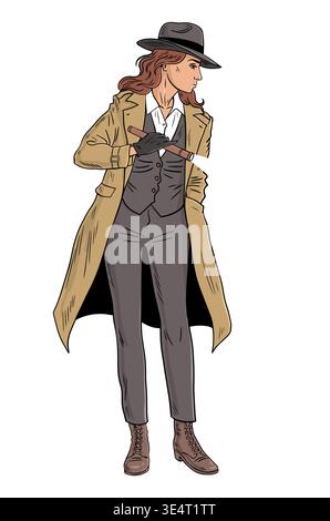 Professional woman detective using flashlight while examining scene. Pop art style female character isolated on light background. Concept of crime sol Stock Vector