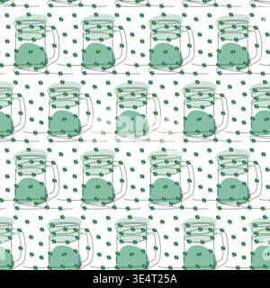 Seamless Pattern of Hand drawn continuous line drawn Ale cup with abstract spots and shamrock leaves. Isolated Vector illustration St Patricks Day Greeting Themed Cards backdrop Post, banner, wrapping Stock Vector