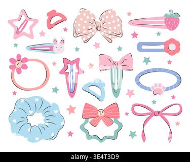 Set of cute hair accessories for girls. Collection of colorful hair clips, bows, hair ties, scrunchie with star and flower decorations. Stylish hair decorations for clothing designs, sticker packs Stock Vector