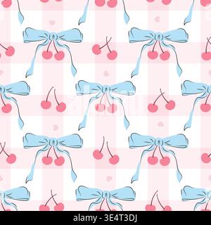 Coquette Seamless pattern with blue bows and pink cherries on a plaid background. Trendy preppy fruit print. Decorative textile print for wrapping paper, scrapbooking, home textiles, and fabric. Stock Vector