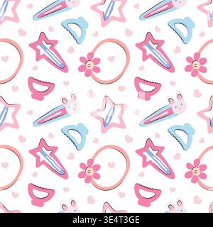 Seamless kawaii pattern with hair accessories for girls. Hairpins, claw, hair bands, hair barrettes in the form of cute bunny, flower, star. Decorative textile print for children fashion, beauty salon Stock Vector