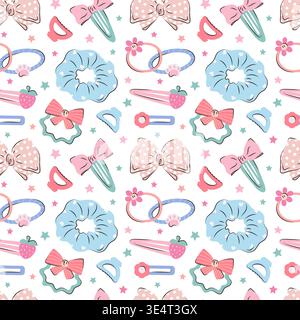 Pattern with cute hair accessories for girl in pastel color. Hair clips, scrunchies, ribbons and bows with stars. Seamless background for textile, wrapping paper and fashion product design. Stock Vector