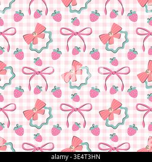 Seamless pattern with pink bows and strawberries on checkered background. Cute summer textile print in a girly style. Decorative wrapping, tablecloths, kitchen textiles plaid, birthday accessories. Stock Vector