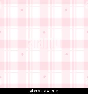 Pink checkered pattern with small hearts. Seamless plaid gingham pattern background, soft pink plaid chequered pattern. Romantic wrapping paper for birthday, Valentine and holidays. Stock Vector