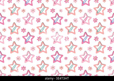 Seamless pattern with pink star and flower hair clips for girls. Cute decorative background with baby fashion accessories for textile, wallpaper, wrapping, and fabrics for childrens clothing. Stock Vector
