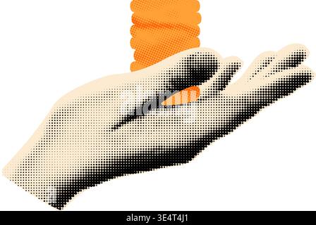 Halftone hand holding stack of golden coins vector illustration Stock Vector