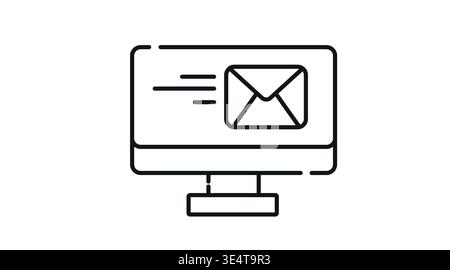 Desktop computer icon with flying envelope on screen representing fast email delivery Stock Vector