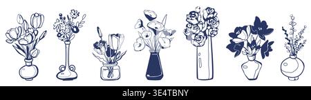 Hand-drawn set of elegant vases with spring flowers isolated on white background. Vector illustration of doodle ink floral design, beautiful bunch of tulips and roses in jar, aesthetic poster elements Stock Vector